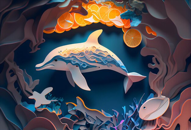 A dolphin and fish are depicted in a 3d illustration.