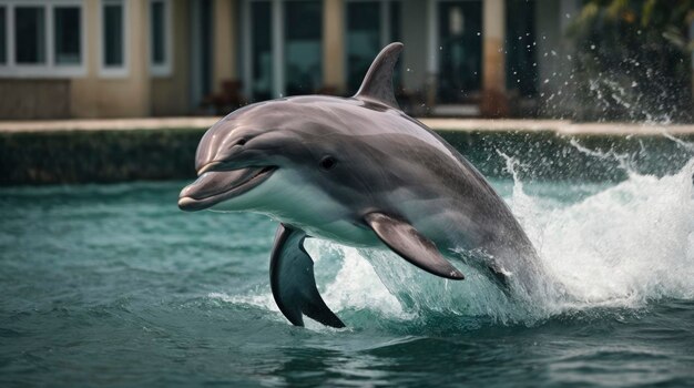 a dolphin is jumping out of the water in a pool of water