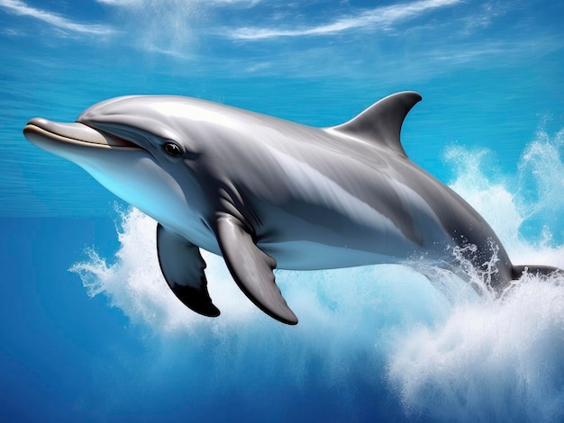 A dolphin is jumping out of the water with its mouth open and its mouth out