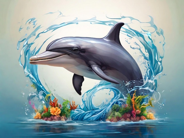 돌고래가 물속에서 수영하고 돌고래의 그림이 물속에 있습니다.