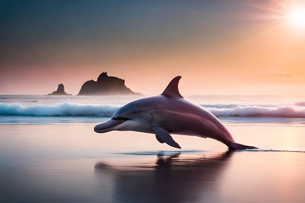 Дельфин плавает в воде при заходе солнца.