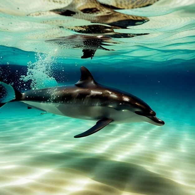イルカが水中を泳ぎ、太陽が水面を照らしている