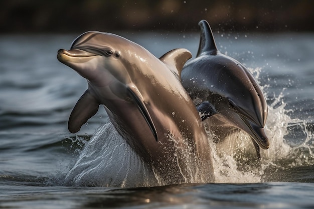 A dolphin and its calf are in the water