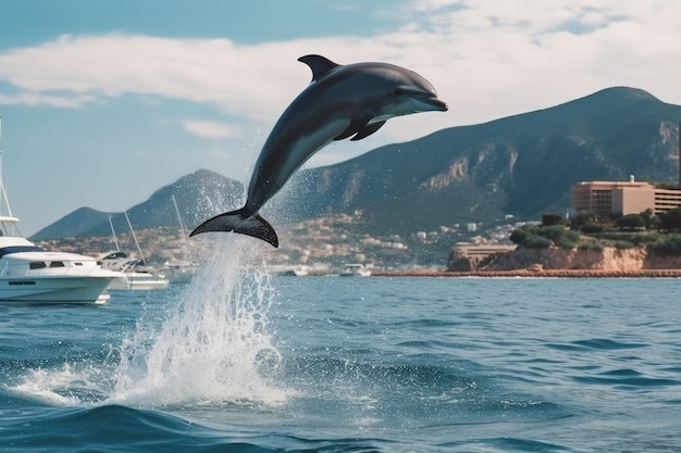 Dolphin jump in the blue sea in a picturesque place