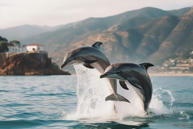 Dolphin jump in the blue sea in a picturesque place