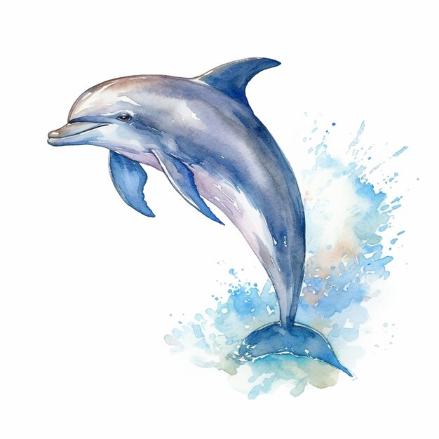 Фото Дельфин, выпрыгивающий из воды с брызгами акварели.