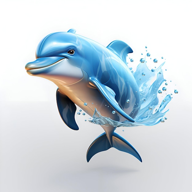 写真 白い背景の3dレンダリングで海豚が水から飛び出している