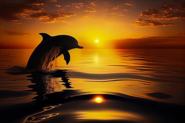 Dolphin jumping out of the sea at sunset Generative AI Generative AI