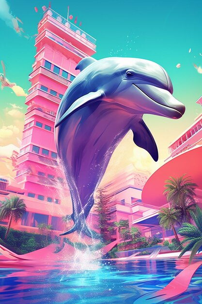 Dolphin jumping out of the water in front of a hotel generative ai