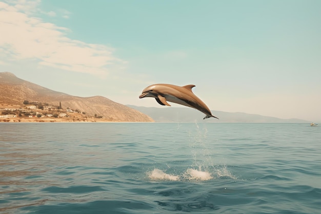 A dolphin jumping out of the water in front of a mountain.