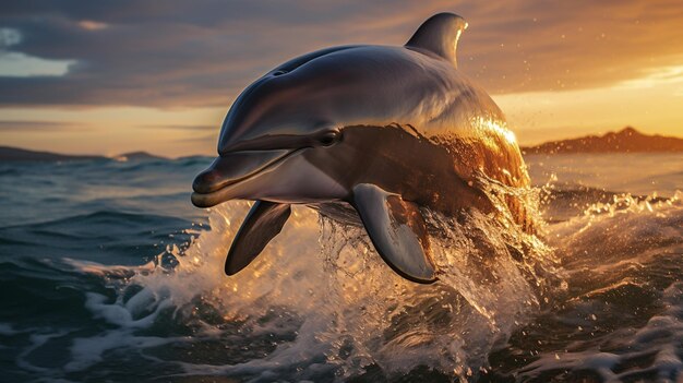 dolphin jumping out of water in the Golden Sunset Sea