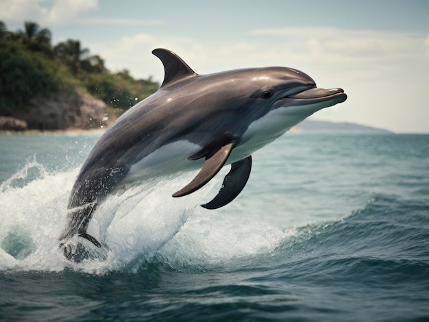 a dolphin jumping out of the water in the ocean with a boat in the background