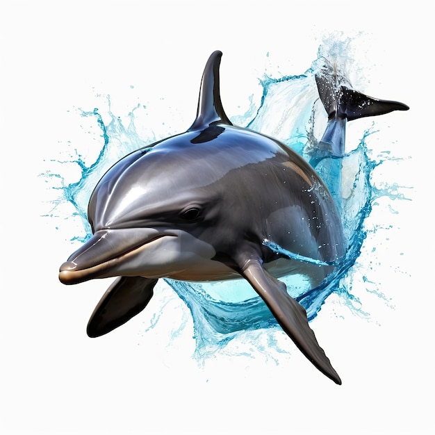 白い背景の3Dスタイルで海の住民の海豚が水から飛び出します
