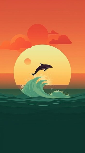 日没時に水から飛び出すイルカの生成AI