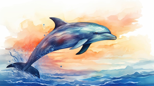 A dolphin jumping out of the water watercolor gradient ocean cool tones AI Generative