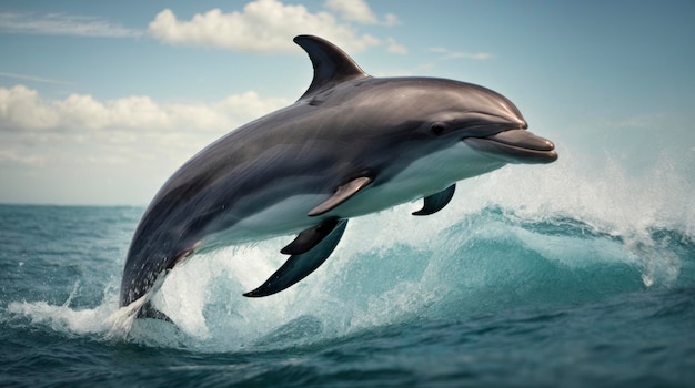 a dolphin jumping out of the water on a wave in the ocean