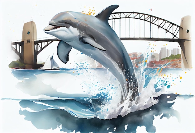 dolphin jumping out of the water with a bridge in the background generative ai