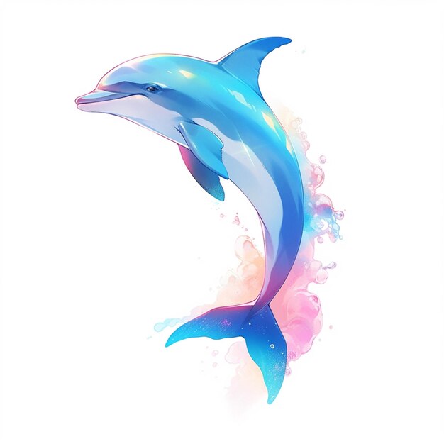 Photo dolphin jumping out of water with bubbles and watercolor splashes generative ai