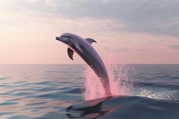 A dolphin jumping out of the water with pink smoke coming out of it.