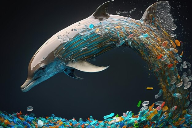 Foto un delfino che salta dalle onde di spazzatura di plastica generative ai