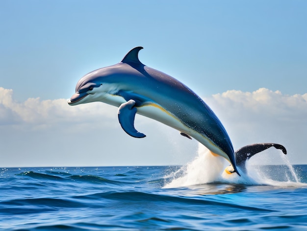 A dolphin jumps out of the water in front of a blue sky.