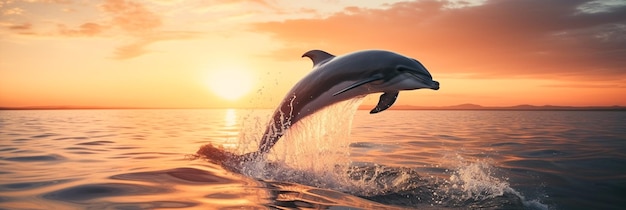 Dolphin jumps out of the water at sunset bannerai