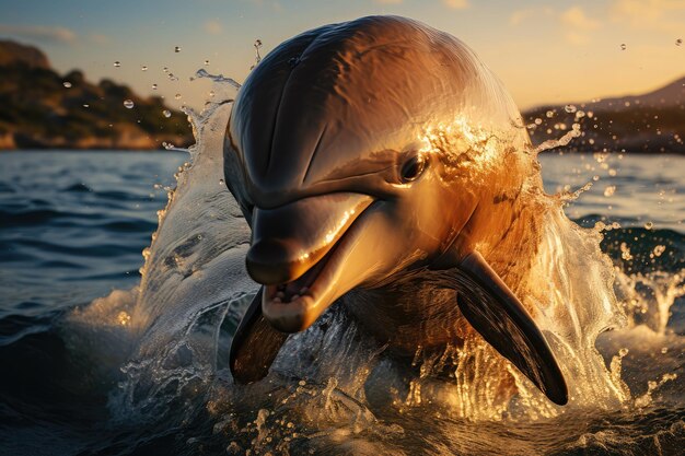 Dolphin leaping gracefully out of the sea water droplets catching sunlight