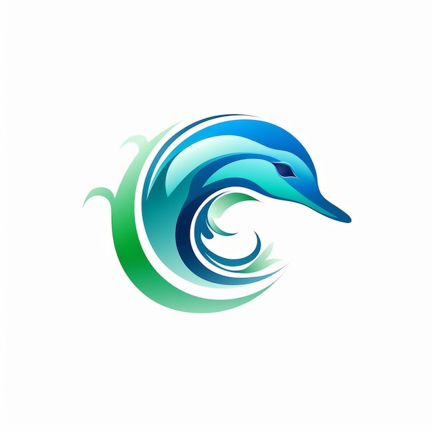 白い背景のロゴのスタイルで緑と青のイルカのロゴ