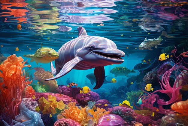 Photo dolphin in the ocean surrounded by corals and fish generative ai