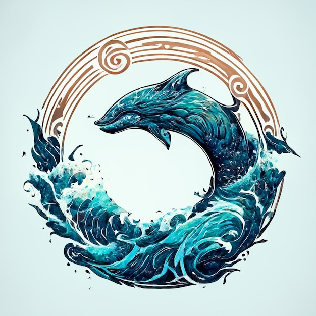 Dolphin in the ocean waves with a circle of music notes generative ai