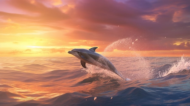 Dolphin in the ocean with beautiful sunset sky Generative AI