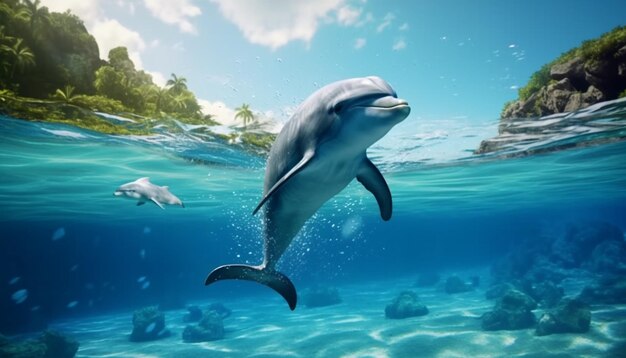 dolphin in the ocean with a group of fish swimming around generative ai