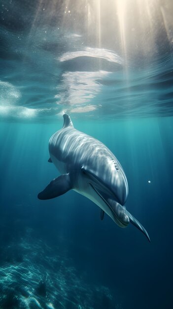 Foto dolphin onder water op blauwe oceaan achtergrond generatieve ai illustratie