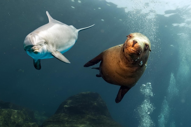 Dolphin and sea lion underwater close up