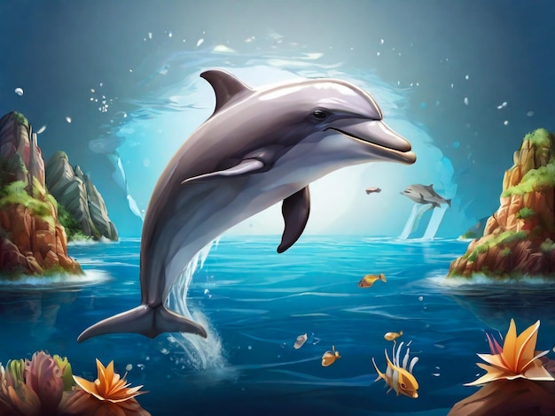 a dolphin and some flowers are in the water