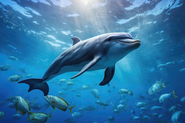 Дельфин плавает в синем море в живописном месте
