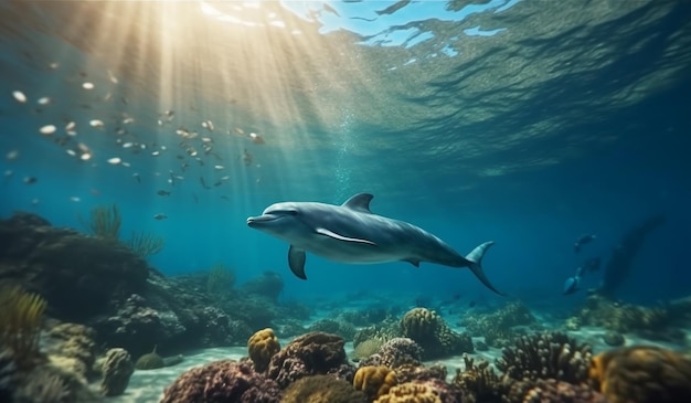 Дельфин плавает в коралловом рифе, созданный искусственным интеллектом