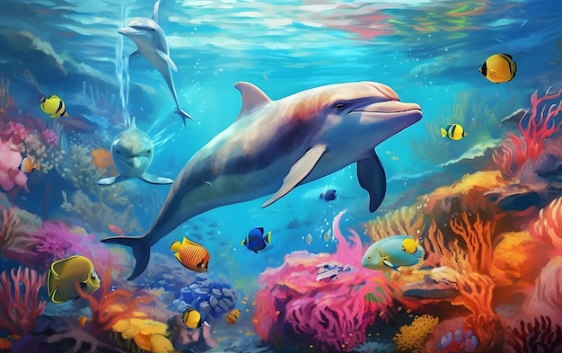 A dolphin swimming in a coral reef with a fish swimming around it.