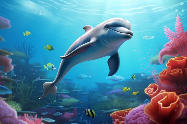 dolphin swimming in the ocean with corals and fish generative ai