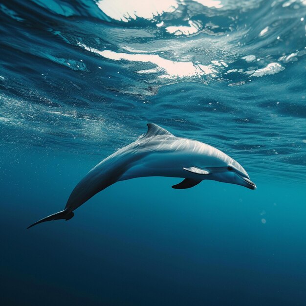 Foto delfino che nuota nell'oceano con il sole che splende attraverso l'acqua generativo ai