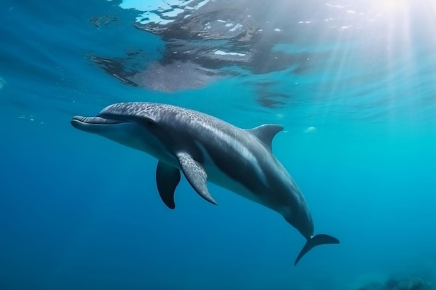 Dolphin swimming in the under sea Beautiful Underwater and colorful coral in wild nature of the