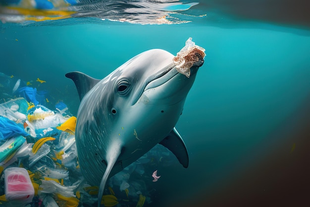 Photo a dolphin swimming through polluted waters filled with plastic generative ai