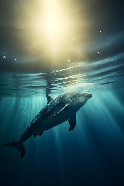 Дельфин, плавающий под водой.