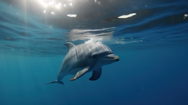 A dolphin swims under the water in the bahamas.