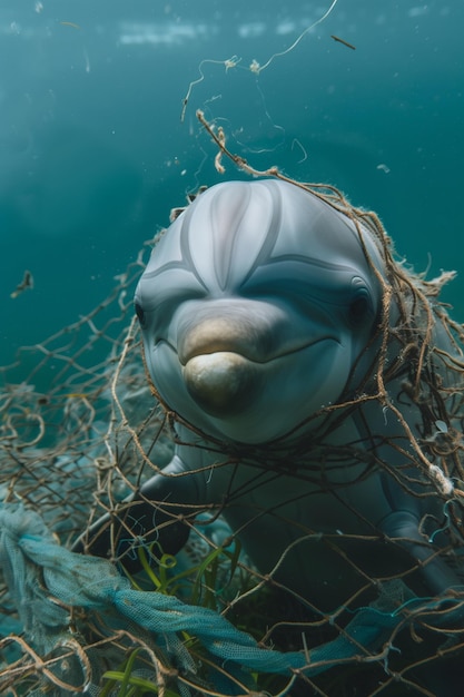 Dolphin trapped in fishing net reflects human impact on underwater life