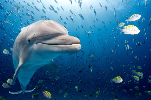 Dolphin underwater on blue ocean background