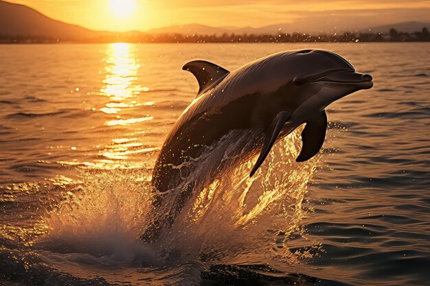 Дельфин над водой на фоне голубого океана смотрит на тебя