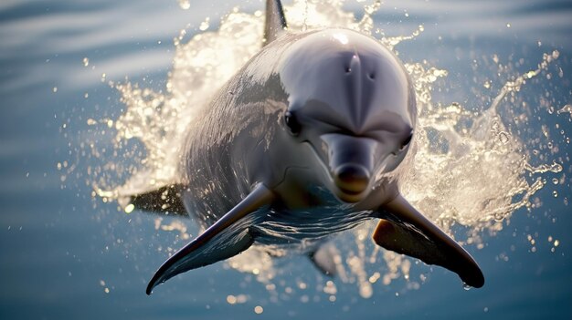 Foto delfino in acqua pesce nell'oceano che salta pesce felice e amichevole