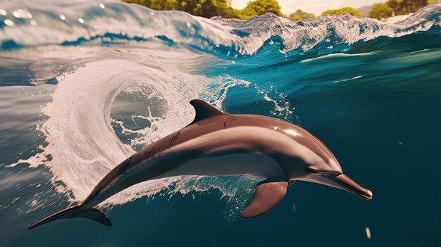 Foto delfino in acqua pesce nell'oceano che salta pesce felice e amichevole