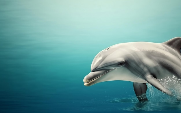 A dolphin in the water with a blue background.